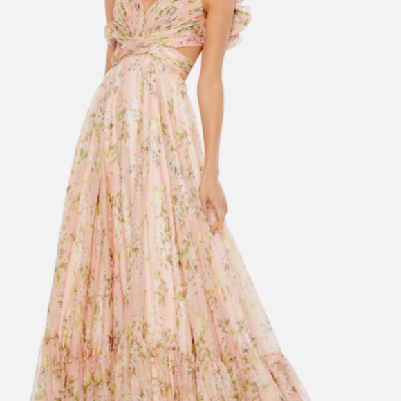 NWT Mac Duggal Floral Chiffon Cutout Ruffle Pink Ball Gown Maxi Dress (Size 2) - Picture 3 of 4
